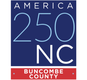 A dark blue square with white writing that reads America 250 NC with a red rectangle below it that reads Buncombe County